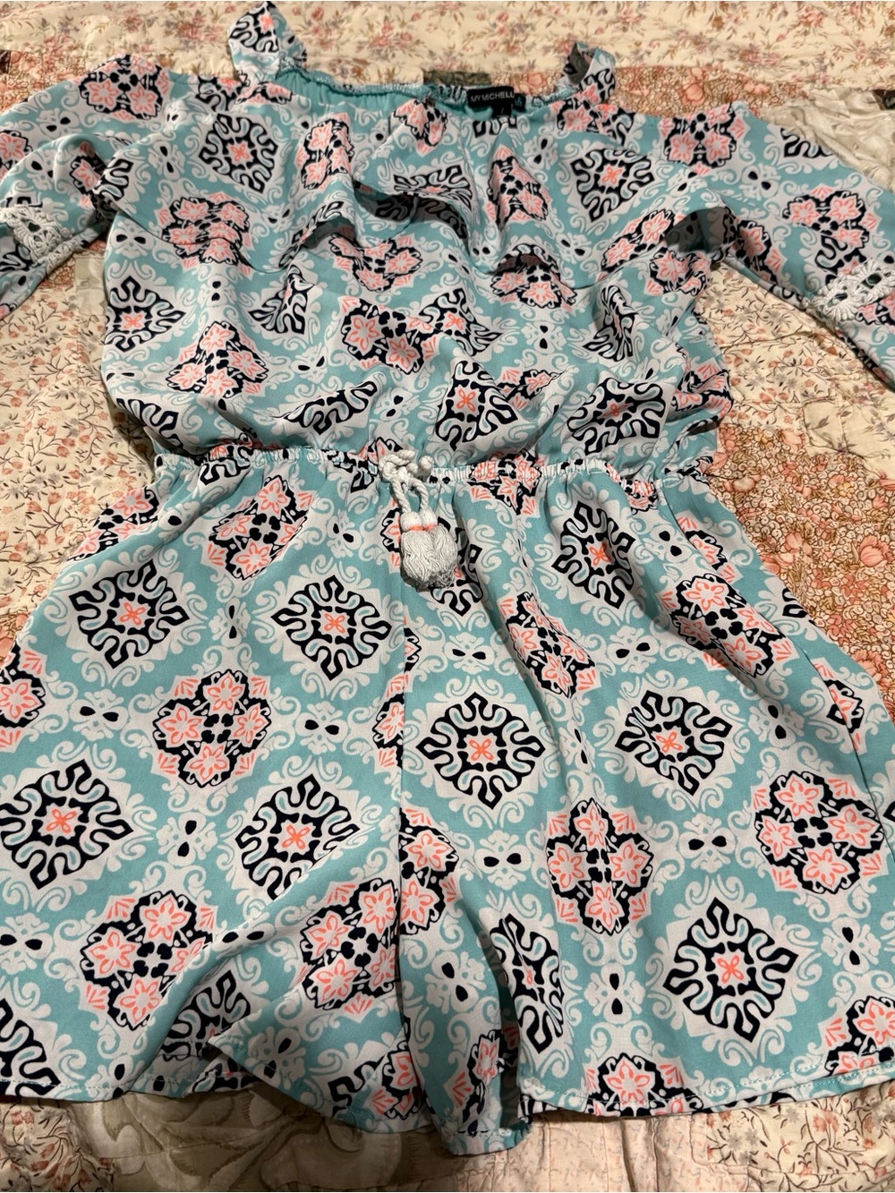 My Michelle Teal Floral Print Off-Shoulder Romper - Pink & Navy Accents